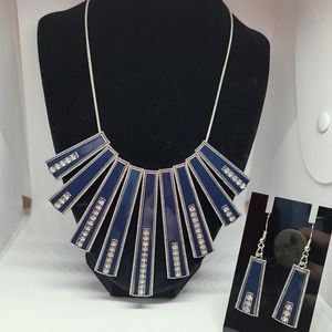 Statement Jewelry Set Necklace Earrings Costume Bib Navy Blue Silver Tone